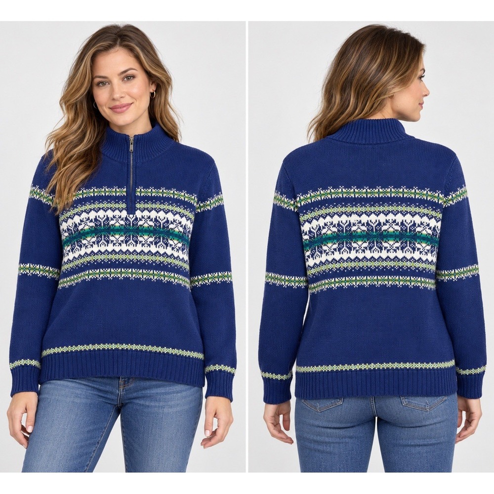 Croft & Barrow Large Navy Fair Isle 1/4 Zip Mock Neck Knit Nordic